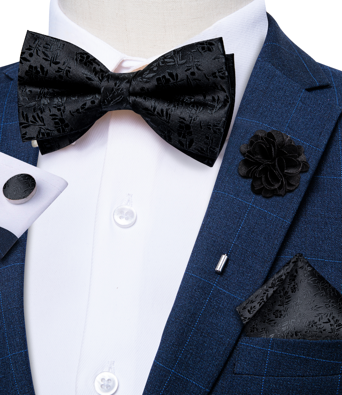 Men'S Grooming Set Gift - 4Pcs Black Solid Floral Men's Pre-tied
